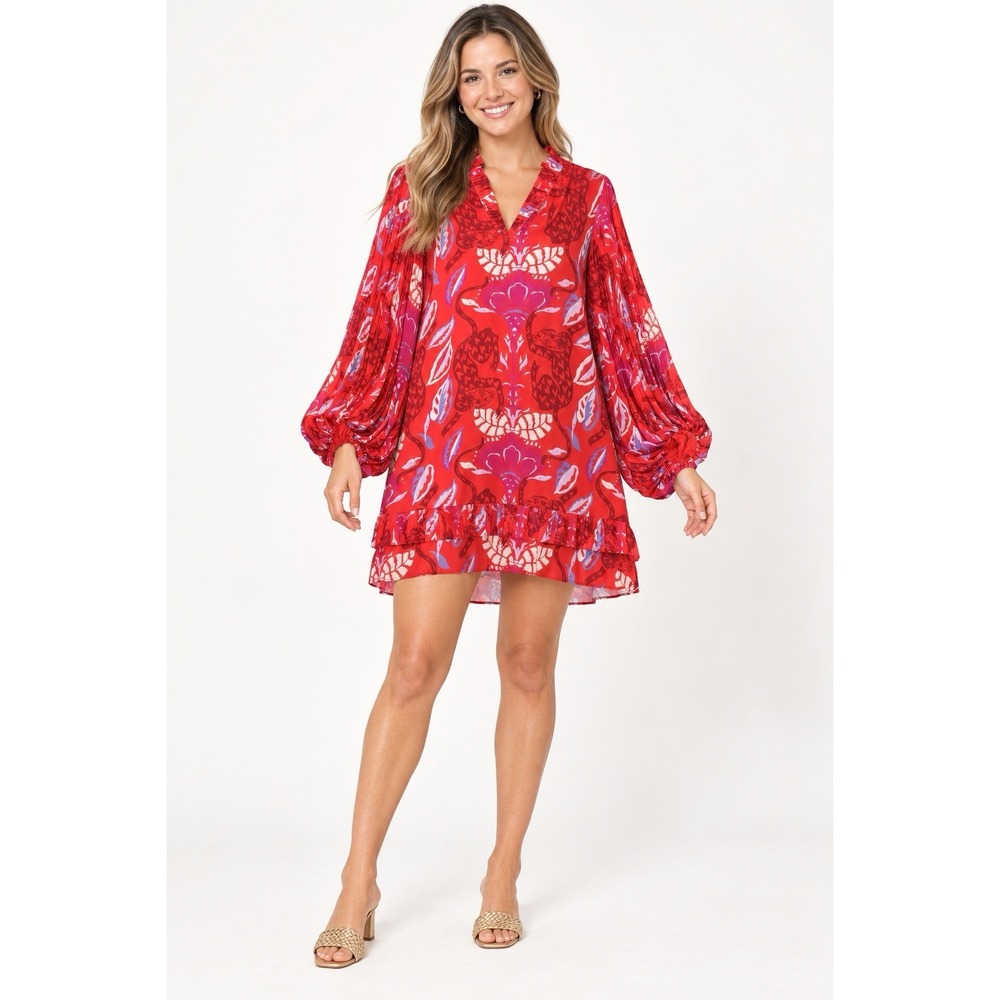 Alden Adair Reagen Dress S Leopard Love Red Pleated Balloon Sleeve Mini
